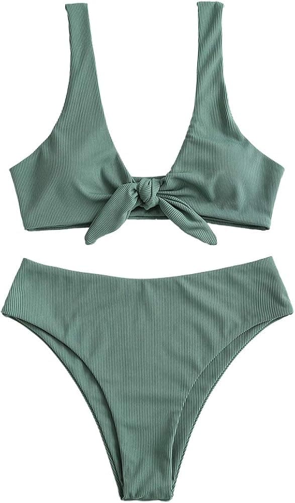 ZAFUL Women's Ribbed Tie Front Knot Bikini High Waisted Bikini Ditsy Floral High Cut Bikini Swimsuit