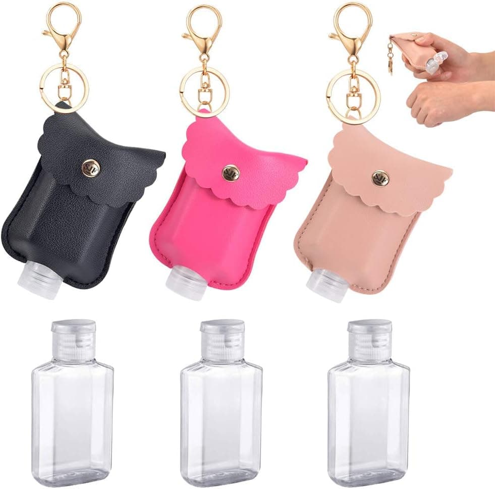 SANJINFON Portable Squeeze Bottles 2oz with Leather Case Keychain, Empty Travel Bottle Holder for Hand Sanitizer & Essential Oil, Refillable Bottle Clips to Diaper Bag, Travel Bag (Black&Rose&Pink)