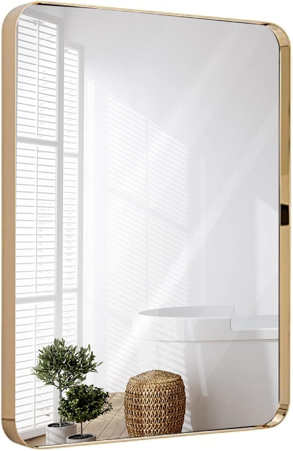 Hamilton Hills 22x30 inch Metal Gold Frame Mirror for Bathroom | Polished Rectangular Rounded Corner Vanity | 2" Deep Set Design Large Wall Mirrors Decorative | Hangs Horizontal and Vertical