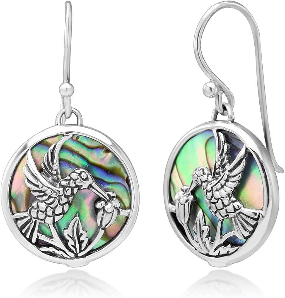 SUVANI 925 Sterling Silver Hummingbird Drinking Flower Nectar Abalone Shell Round Dangle Hook Earrings 1.3"