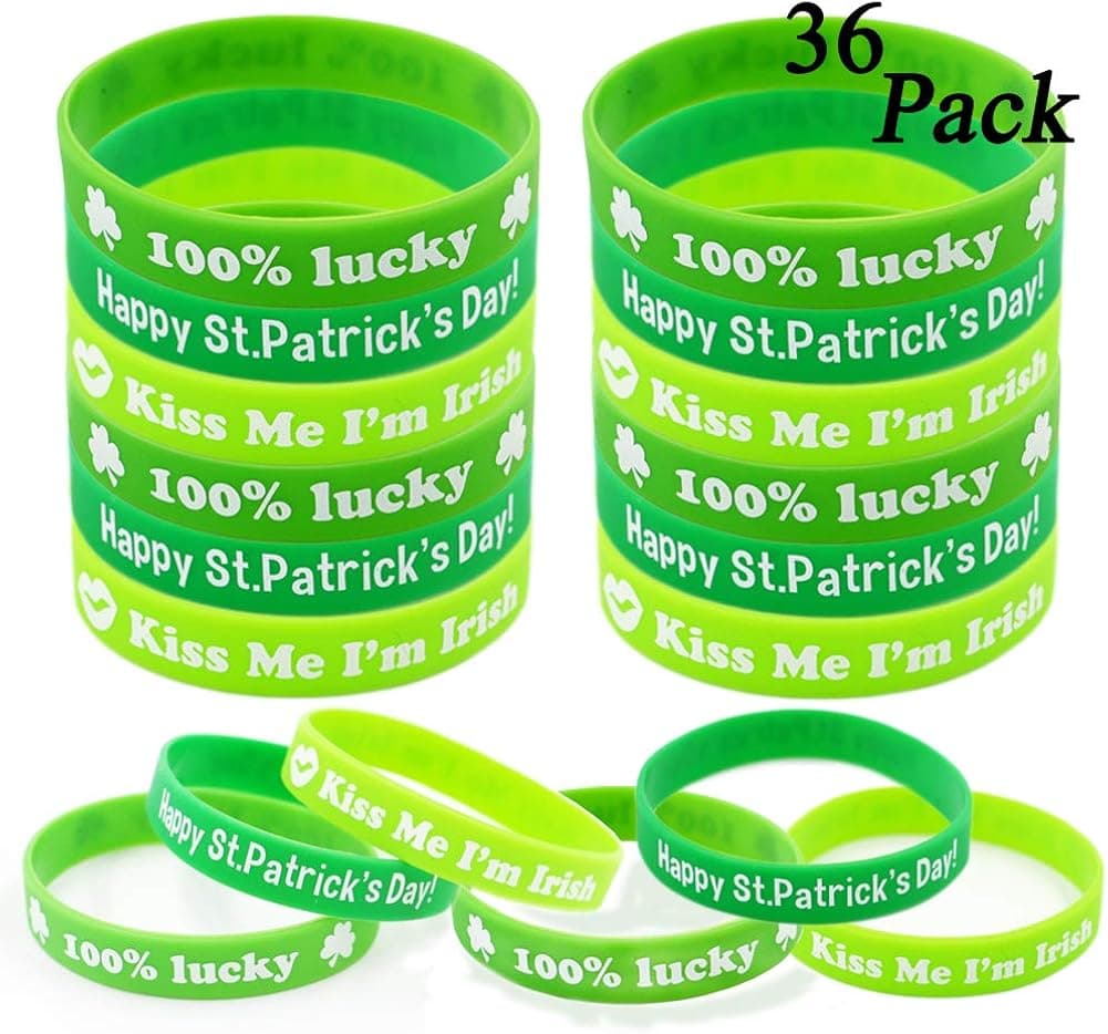 UMEELR St. Patrick's Day Shamrock Bangle Bracelets Green Irish Rubber Wristbands Bracelet for Kids School Party Favors Supplies 36 Pack