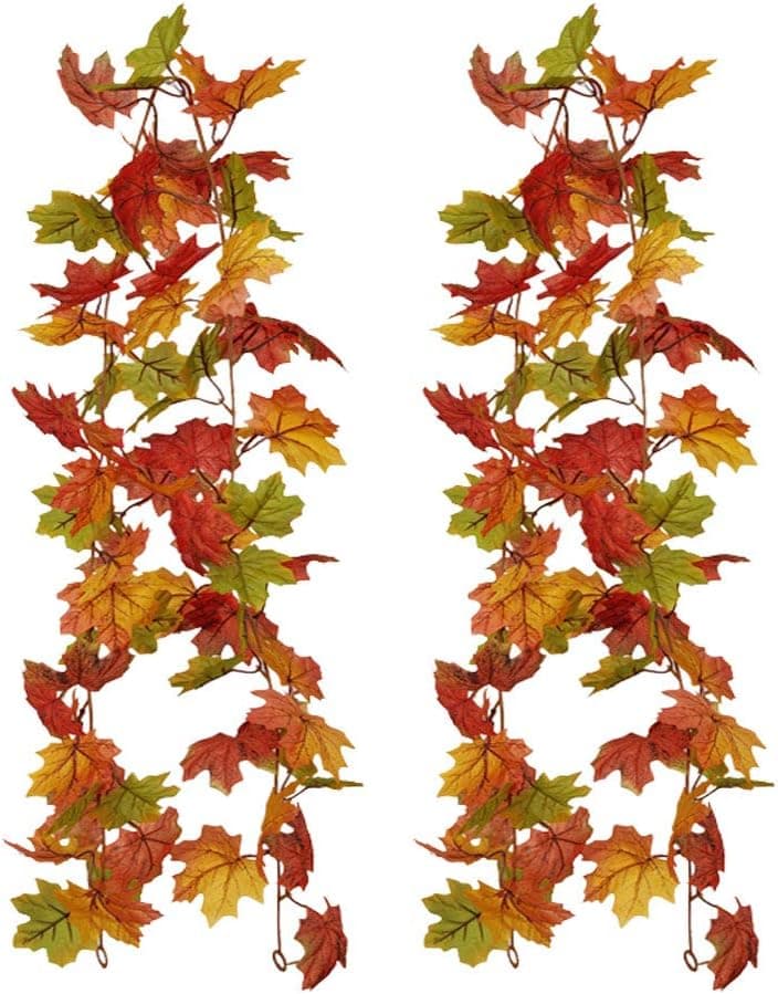 2 Pack Fall Maple Leaf Garland Artificial Autumn Foliage Ivy Faux Fall Leaves Hanging Vines for Indoor Outdoor Thanksgiving Dinner Party Fireplace Door Frame Doorway Backdrop Home Decor, Total 11.8Ft