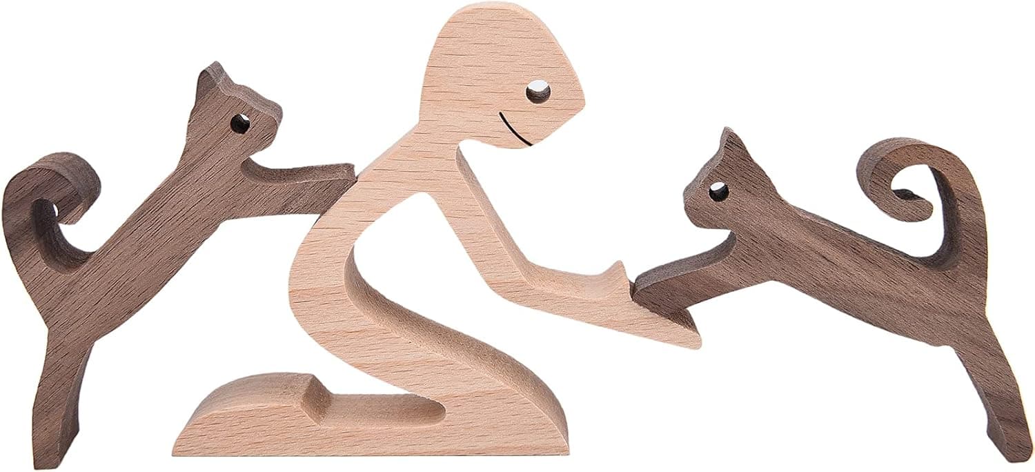 KINGNOW Cat Figurines Home Decor Nature Wood Carved a Man Two Cats Sculpture