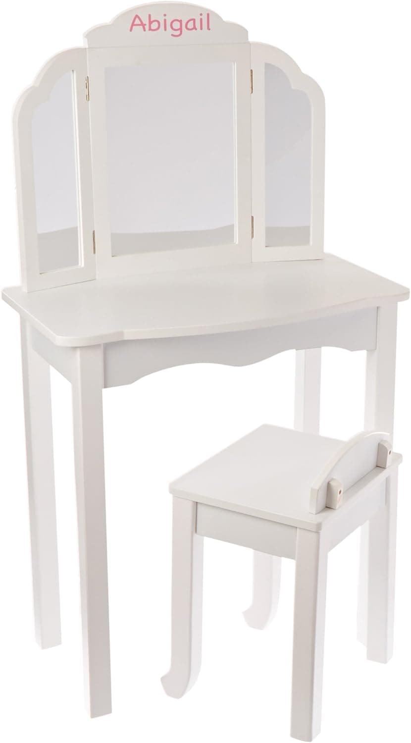 Guidecraft Personalized Vanity Table and Stool Set, Color White, Name: Abigail