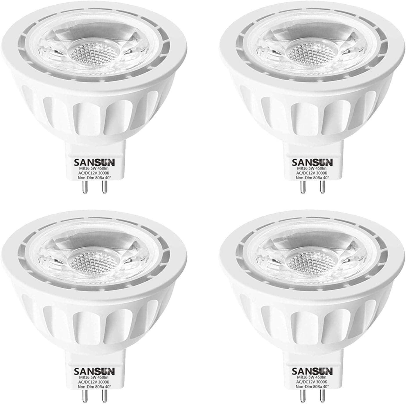 SANSUN 5W MR16 LED Bulbs, 12v 50w Halogen Replacement, GU5.3 Bi-Pin Base, Soft White 3000K, Non-Dimmable, (Pack of 4)