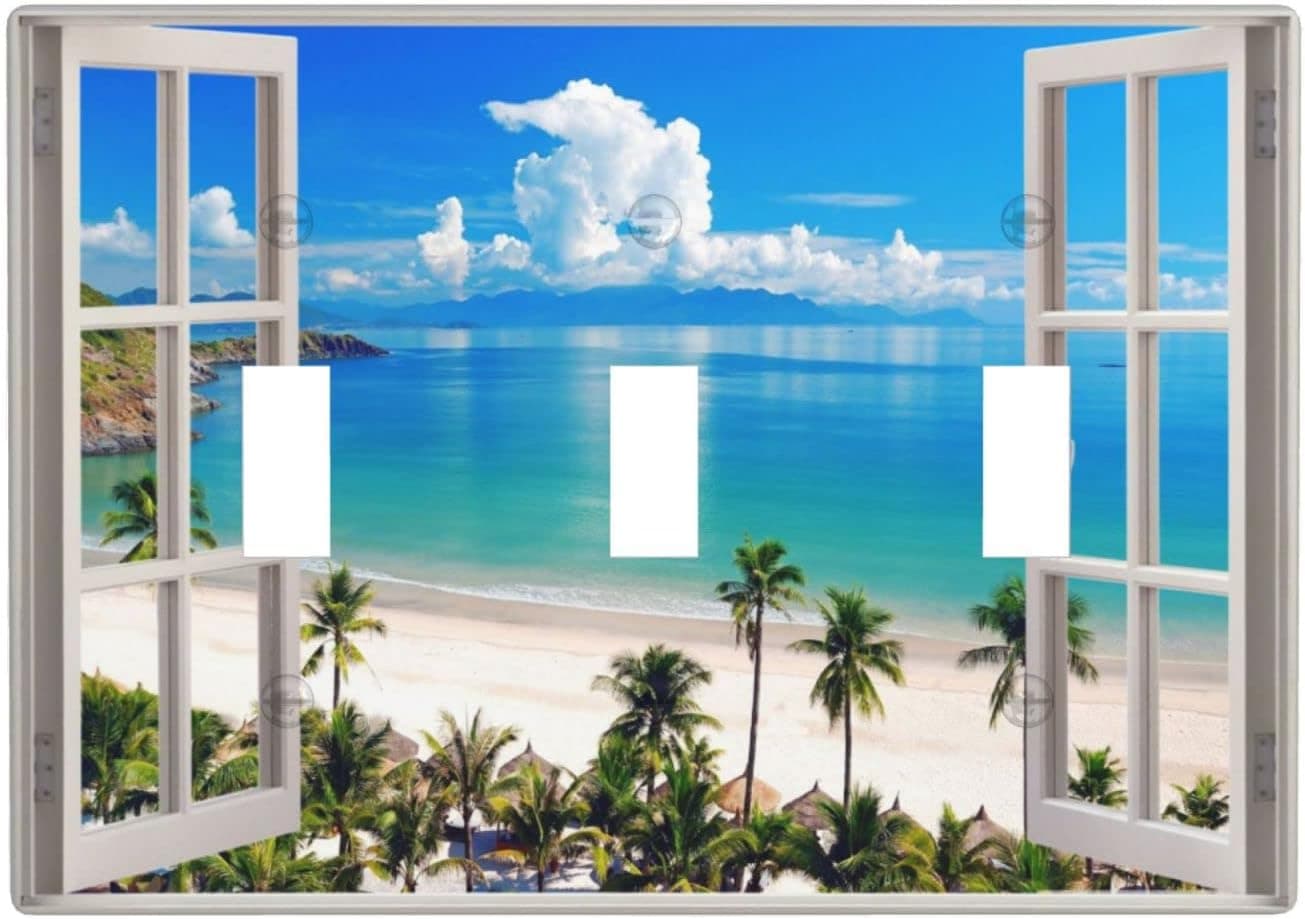 Beach Window View Light Switch Plate Cover Triple Toggle Decorative Wall Plate 3 Gang Standard Size 4.5" x 6.38"