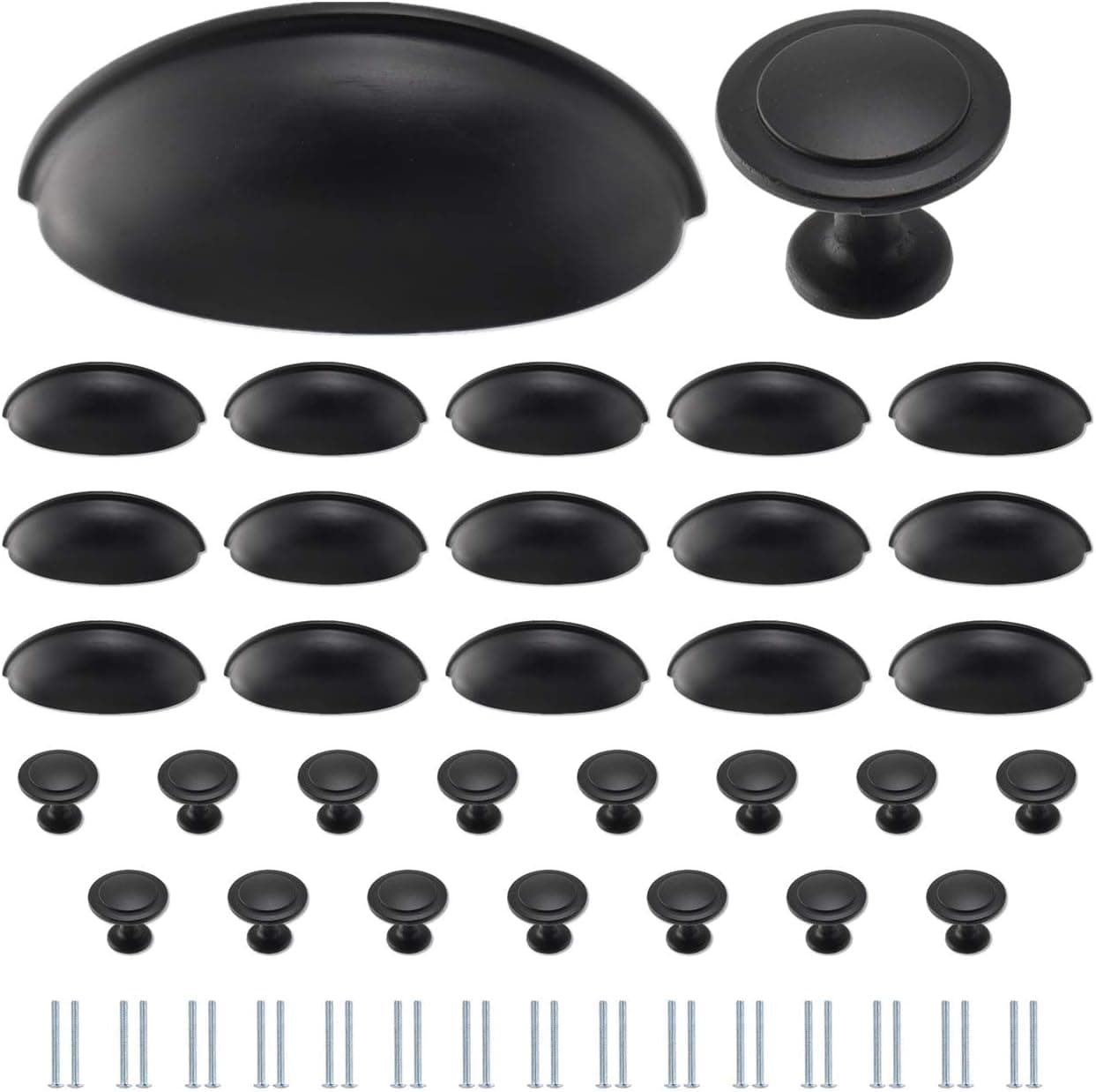 Kocent Cabinet Knobs and Cup Handles 30PCS, 15 Packs 3 Inch Kitchen Cup Pulls &15 Packs Cabinet Hardware Round Knob Set Zinc with Matte Black Finished
