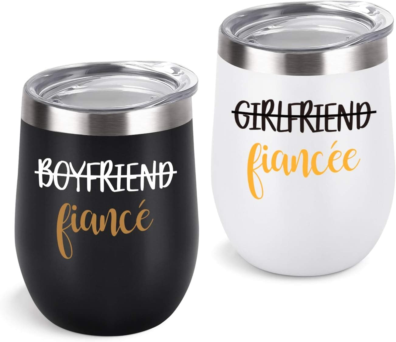 Lifecapido Boyfriend and Girlfriend Wine Tumbler Set of 2, Engagement Ideas for Fiance Fiancee Women Friend Bachelorette, 12 Oz Funny Couple Stainless Steel Wine Tumbler with Lid, Black and White