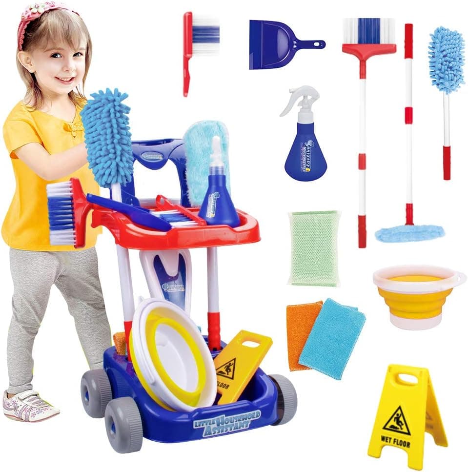 UNIH 12 Pieces of Kids Cleaning Set, Cleaning Stroller Toy, Detachable Toy Cleaning Kit - Housekeeping Toys for 3 4 5 6 7 8 Year Old Toddler Boys and Girls