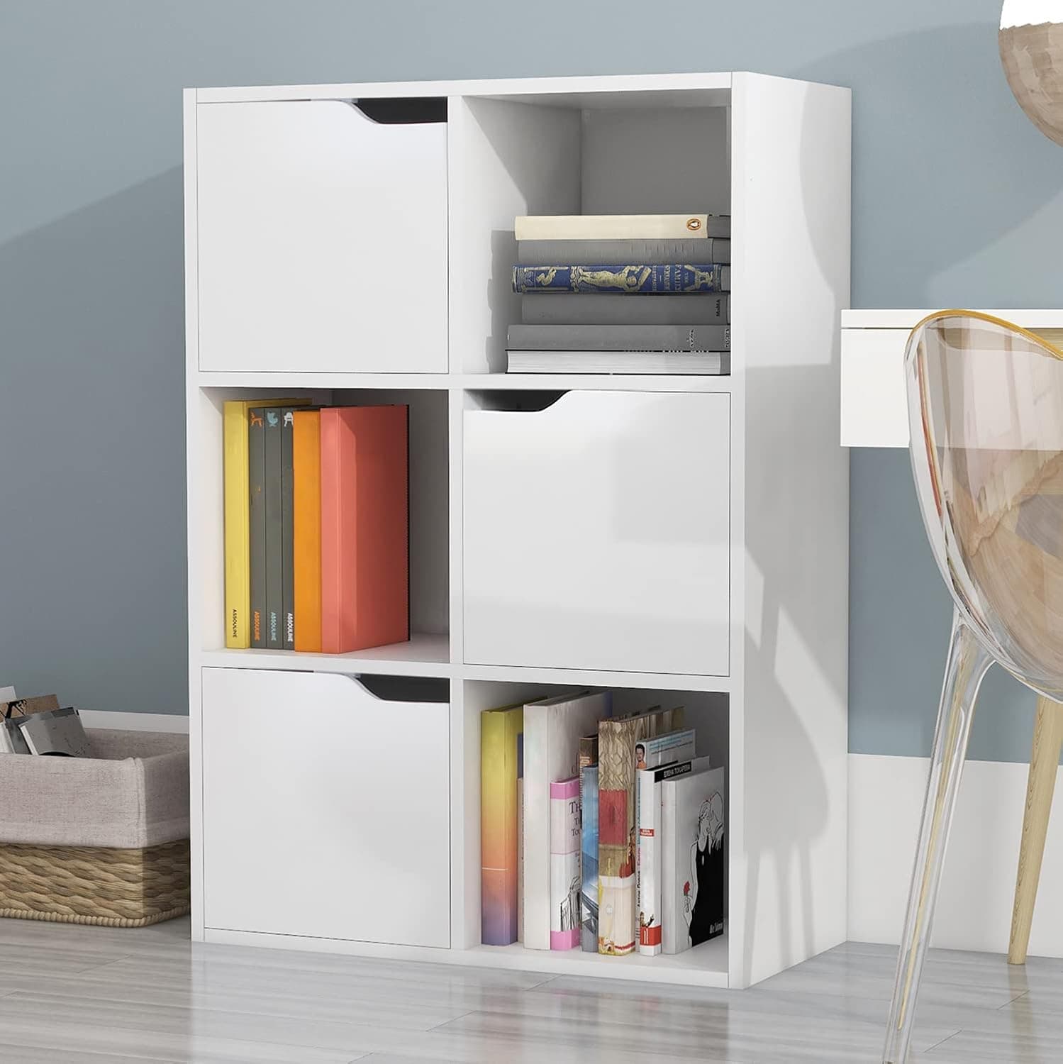 TaoHFE Storage Bookcase with 6 Cube Organizers,3 Cabinets with Doors and 3 Open Cubes Book Display Shelves 3 Tiers,Storage Case Bookshelf for Living Room/Bedroom/Study/Office/Library,White