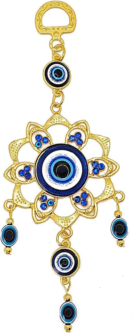 LUCKBOOSTIUM Metal Alloy Flower Evil Eye Ornament Lucky Charm w/Crystal Stone & Hanging Blue, Black & White Evil Eyes - Avoid Bad Energy at Home - Car Rear View Mirror Hanging Accessories (Gold)