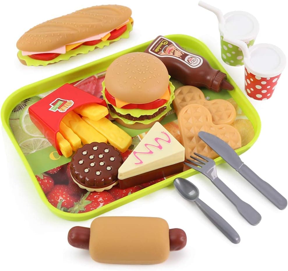 LovesTown Kids Toys Burger, 20 Pcs Kids Play Food Set Toddlers Pretend Toy Food Fake Food Toy Food for Kids Birthday Gift