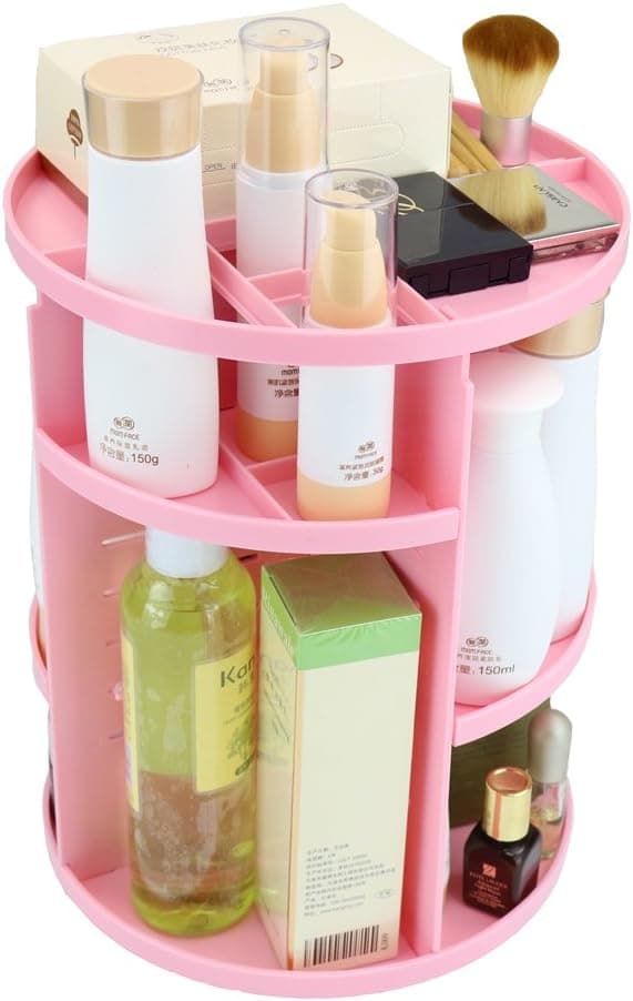 PFFY Rotating Makeup Organizer Make Up Organizers and Storage Box Gift for Women Adjustable Multi-Function Cosmetic Case Makeup Stand Beauty Brush Holder Countertop Pink