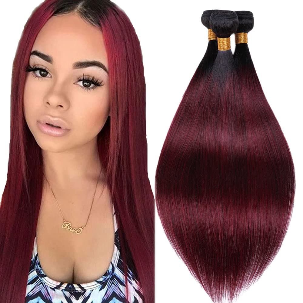 Burgundy Bundles Straight Brazilian Ombre Human Hair Bundles Straight Weave 99j Bundles 2 Tone Black to Burgundy Ombre Extensions Colored Hair for Black woman 24 24 24 Inch