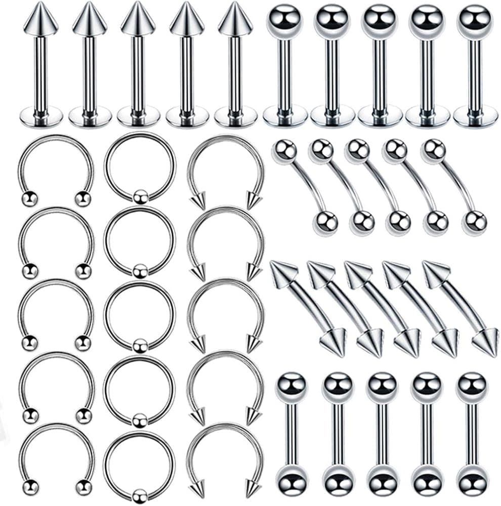 Combofix 40Pcs Body Piercing kit Stainless Steel Piercing Kit Including Horseshoe Captive Nose Rings Studs Lip Tongue Eyebrow Rings Piercing jewelry Helix Earrings Navel Belly Button Rings