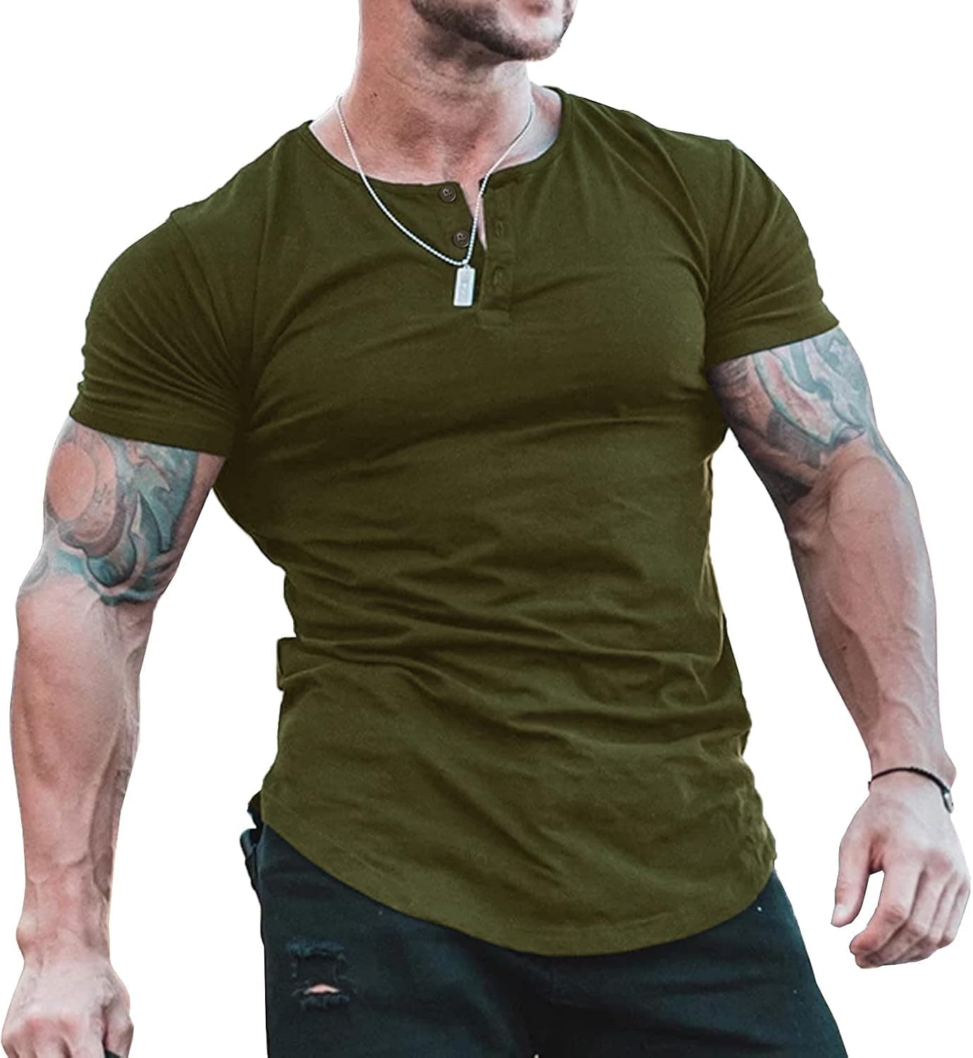 URRU Mens Slim Fit Muscle T Shirts Casual Short Sleeve Henley T-Shirt with 3 Buttons Black XXL