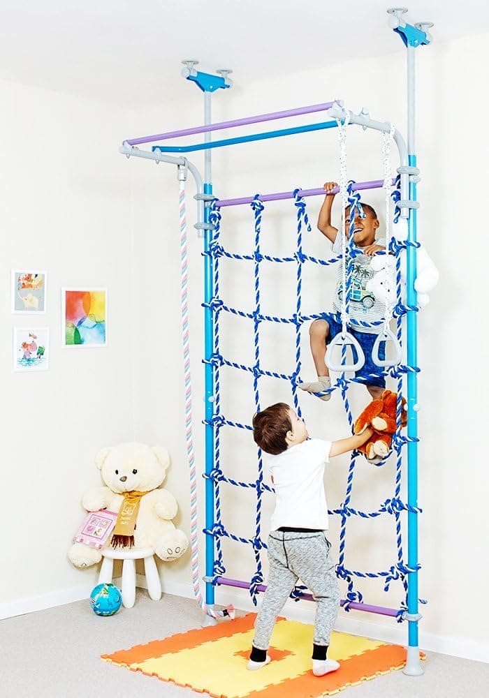 Wallbarz Nets Kids Playground Play Set for Floor & Ceiling / Indoor Training Gym Sport Set with Accessories Equipment: Climber, Gymnastic Swing Rings, Climbing Rope / Home, School, Playroom