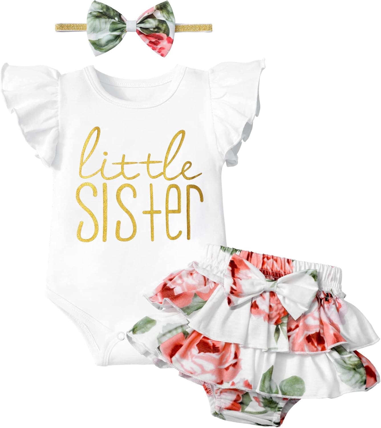 ADIFUN Baby Girl Clothes,Girl Summer Outfit Romper Sets Ruffle Short Sleeve Top+Shorts+ Bow Hairband 3Pcs Set