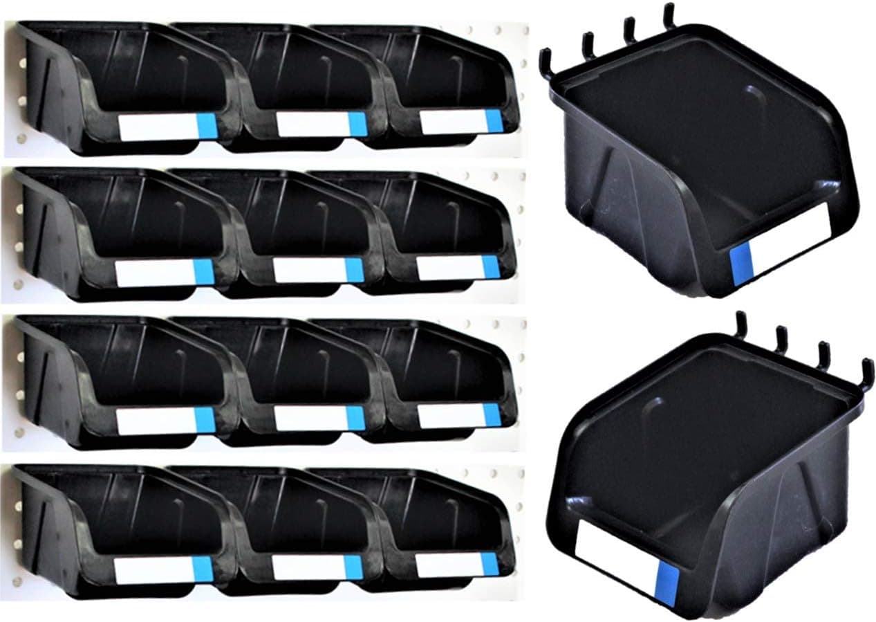WallPeg Pegboard Bins Fit Standard Peg Board Panels- Kit Organize Hardware, Accessories, Attachments, Workbench, Garage Storage, Craft Room, Tool Shed, Hobby Supplies (8 Black Bins)