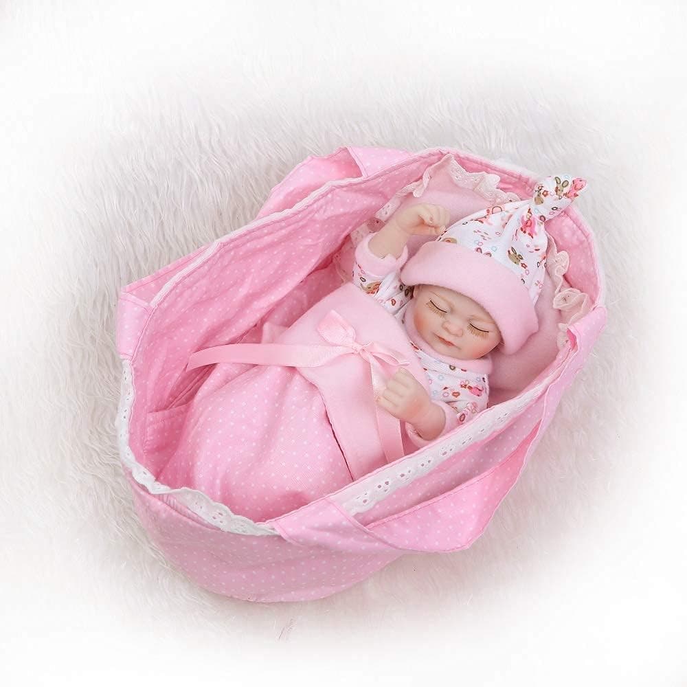LILITH Waterproof Bathable 10 Inch 26cm Miniature Reborn Baby Doll Girl Boy Twins Silicone Vinyl Full Body Realistic and Lifelike Cradle is Included (Girl)