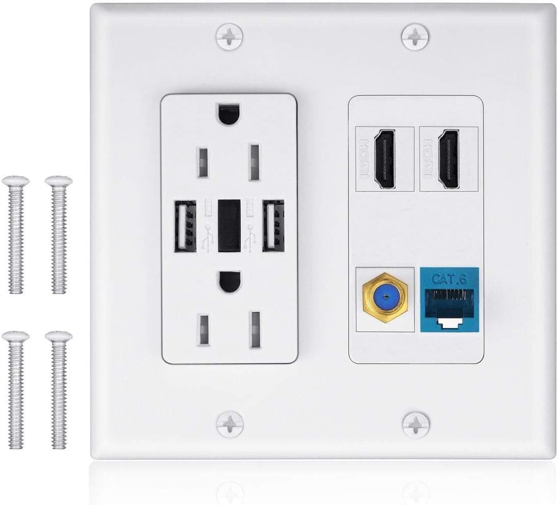 2 Power Outlet 15A with Dual 3.6A USB Charger Port Wall Plate with LED Lighting, IQIAN 2 HDMI HDTV + 1 CAT6 RJ45 Ethernet + Coaxial Cable TV F Type Keystone Face Plate White …