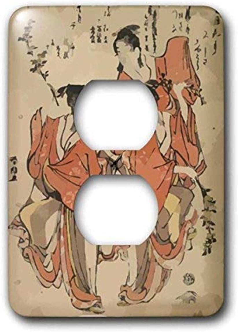 3dRose lsp_204088_6 Print of Ancient Woodcut Painting with Ladies Walking 2 Plug Outlet Cover