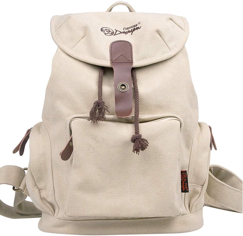 C-LEATHERS Women Canvas Backpack Girls Cute Travel Daypack 14 Inch Laptop Bag 117 BeigeWhite