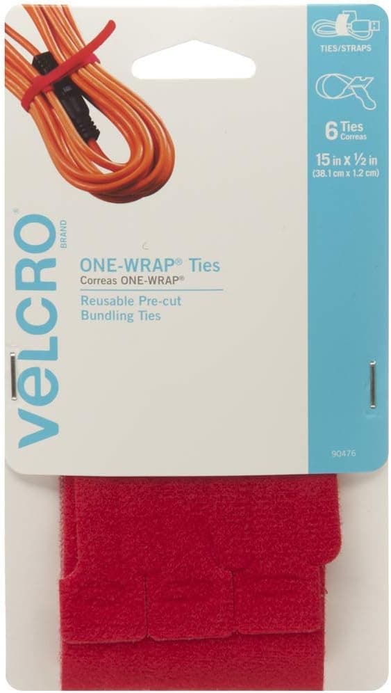 VELCRO Brand ONE-WRAP Bundling Strap – Reusable Fasteners for Keeping Cords and Cables Tidy - 15" x 1/2", 6 Ties, Red
