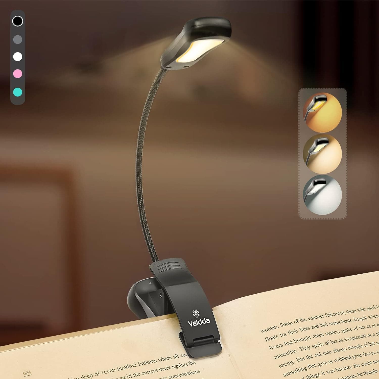 Vekkia/LuminoLite Rechargeable Book Light, Reading Lights for Books in Bed, 3 Colortemperature × 3 Brightness, Clip on Book, Up to 70 Hours Lighting, Great for Readers, Travel (Black)