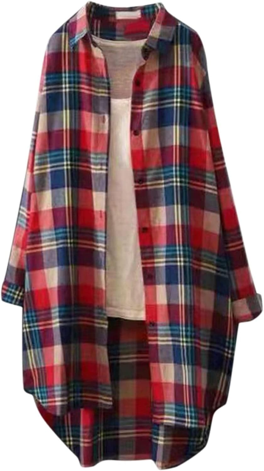 Franterd Clearance Women Plaid Shirt Womens Blouses Buffalo Check Collar Neck Button Down Long Shirts for Jeans Legging