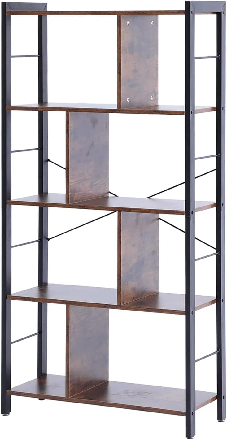 OGMILL Industrial Bookshelf, 5 Tier Bookcase for Display, Steel Wood Rustic Bookshelves for Home Office Living Room, Modern Vintage Brown Furniture