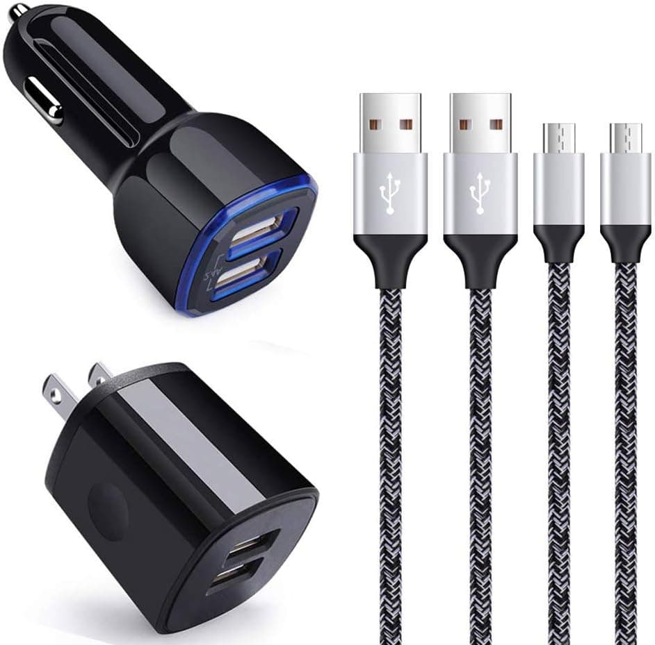 Wall Charger Car Charger Micro USB Cable, 2.1A Dual Port Android Fast Charging Block 6ft Nylon Braided Cord Compatible for Samsung Galaxy S7 S6 J7 J3, HTC, LG, LG G4 G3 Stylo 2 3 Plus,Moto G4 G5 G6