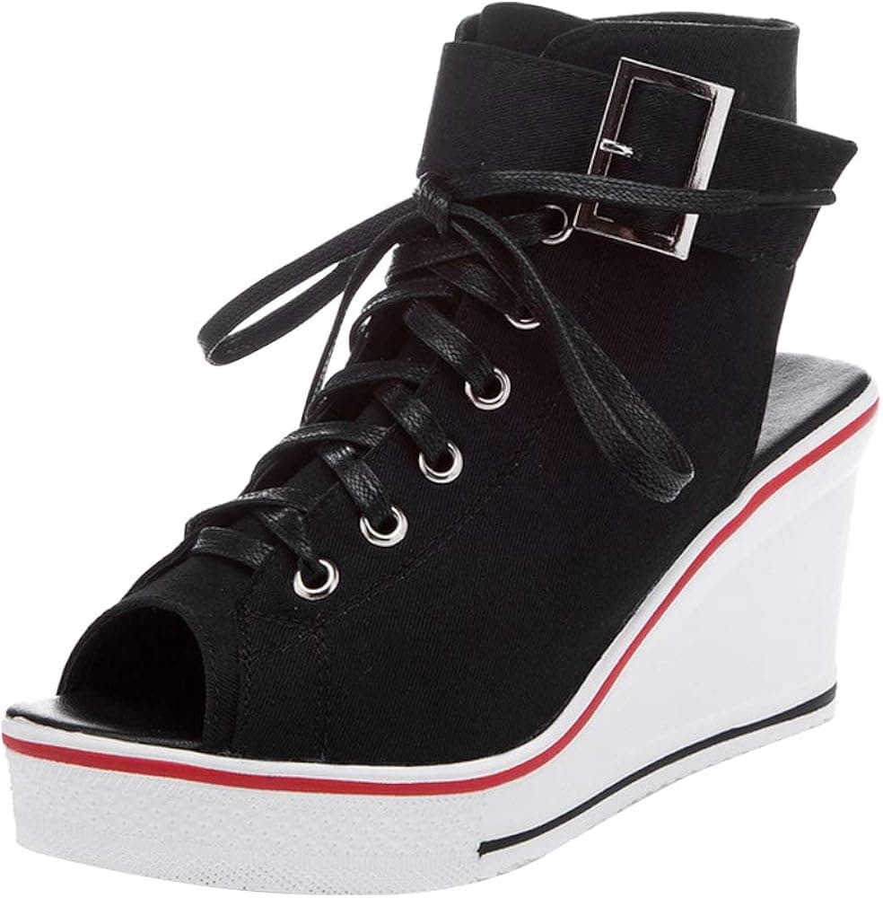 OCHENTA Women's Peep Toe Canvas Wedge Heeled Platform Fashion Sneaker