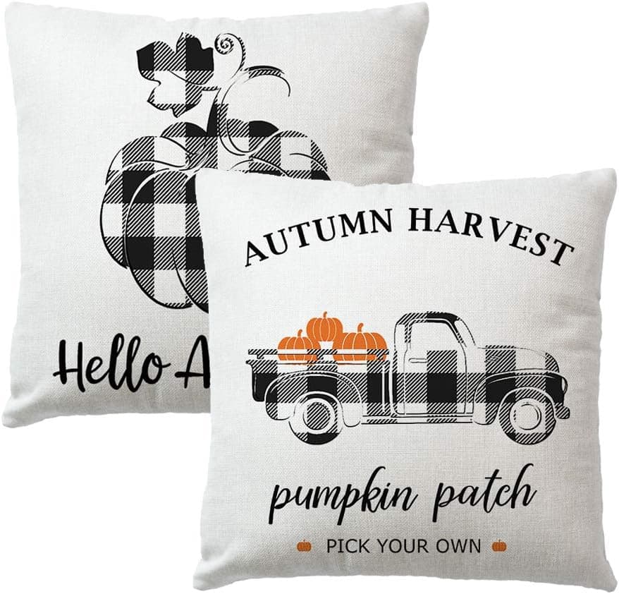 7COLORROOM Set of 2 Autumn Harvest Pillow Covers Farmhouse Buffalo Check Plaid with Vintage Truck Pumpkin Cushion Cover Thanksgiving Day Home Decor Pillowcases 18" x 18" (Black)