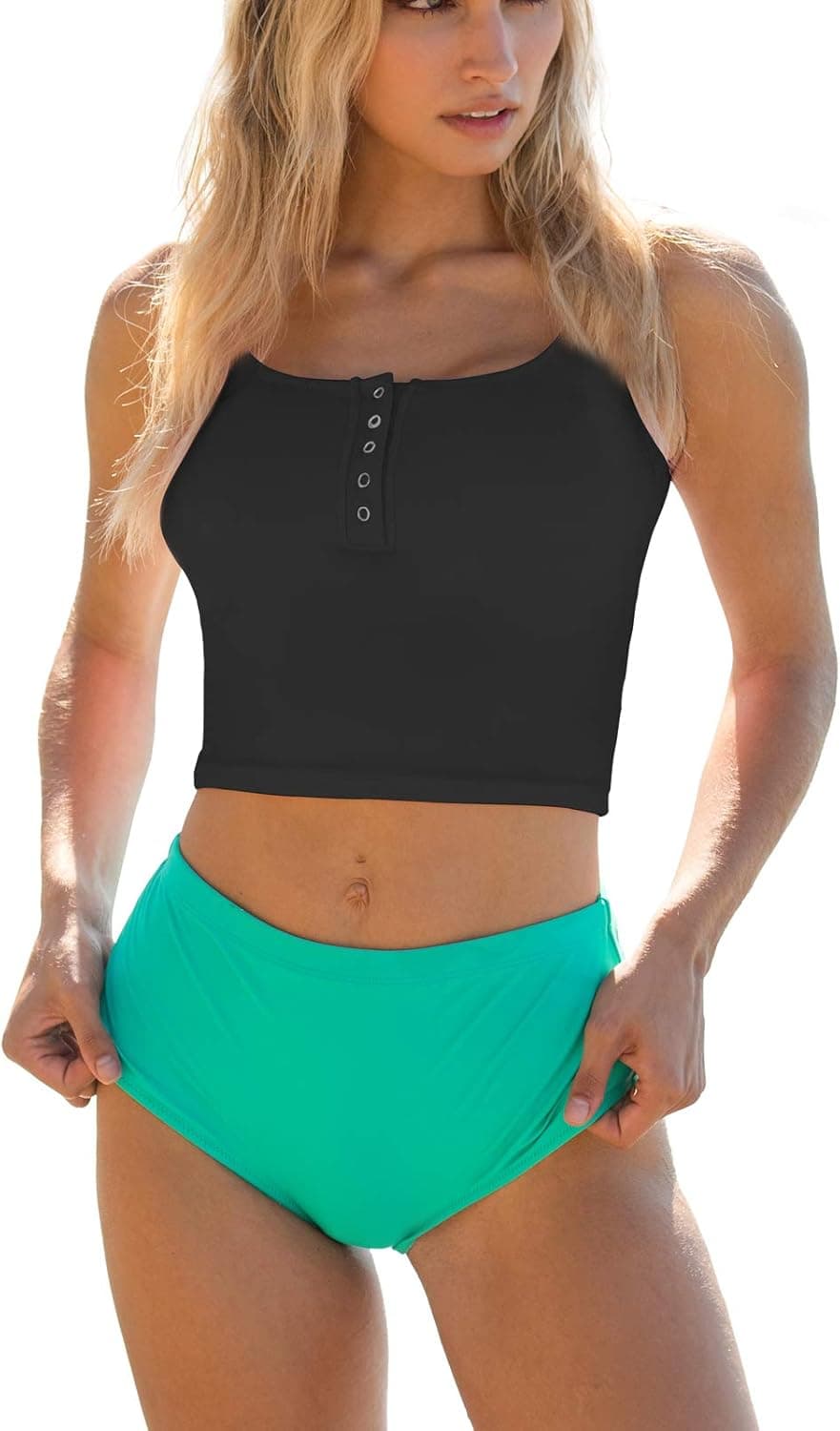 Women Sports Crop Tops High Waisted Bikini Retro Coverage Swimsuit Button Cut Out Bathing Suits Athletic Two Piece Swimwear