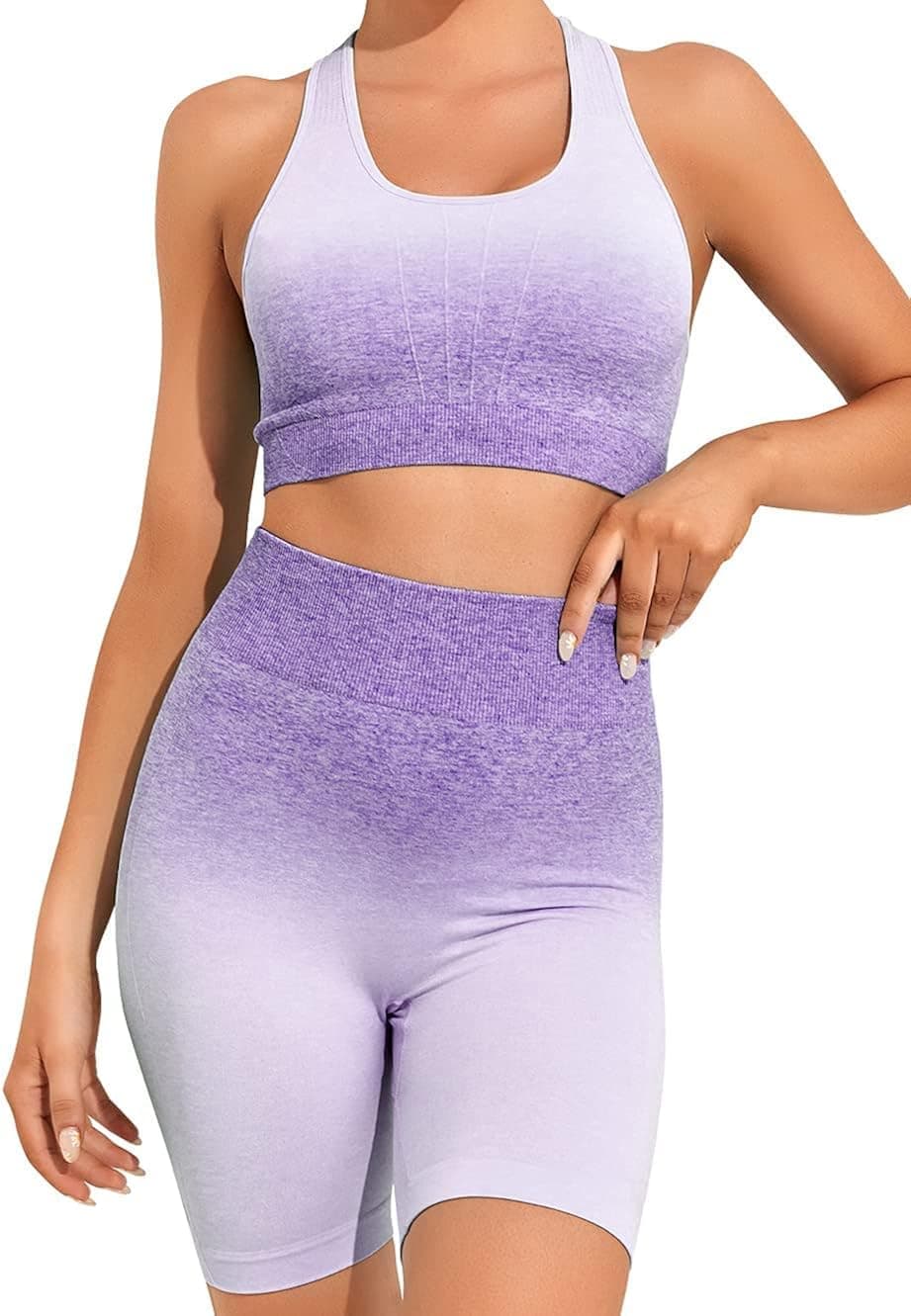 OUDOTA Workout Outfits for Women 2 Piece Gym Yoga Sets Seamless Gradient Crop Tank High Waist Biker Shorts Set