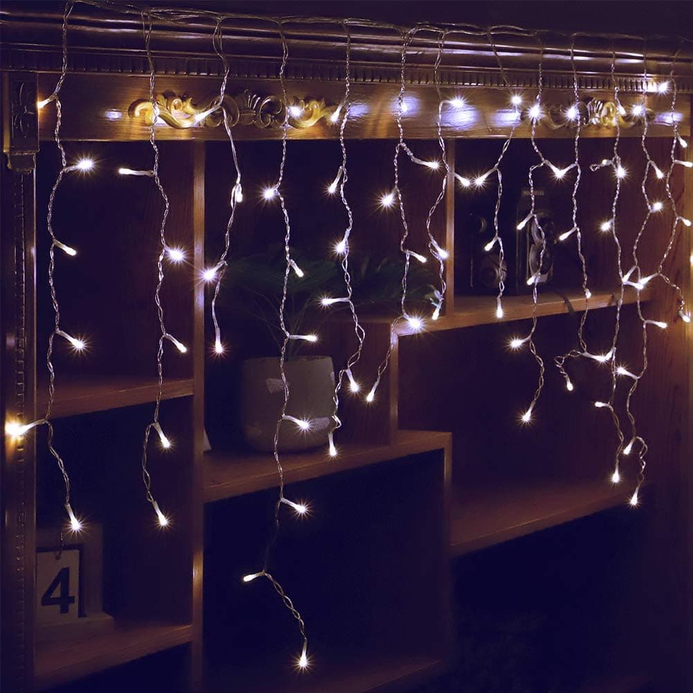 Orangie 8 Modes LED Icicle Lights, 11.4 FT 96 LED Fairy String Lights Plug in Extendable Curtain Light String Christmas Lights for Bedroom Patio Yard Garden Wedding Party (Cool White)