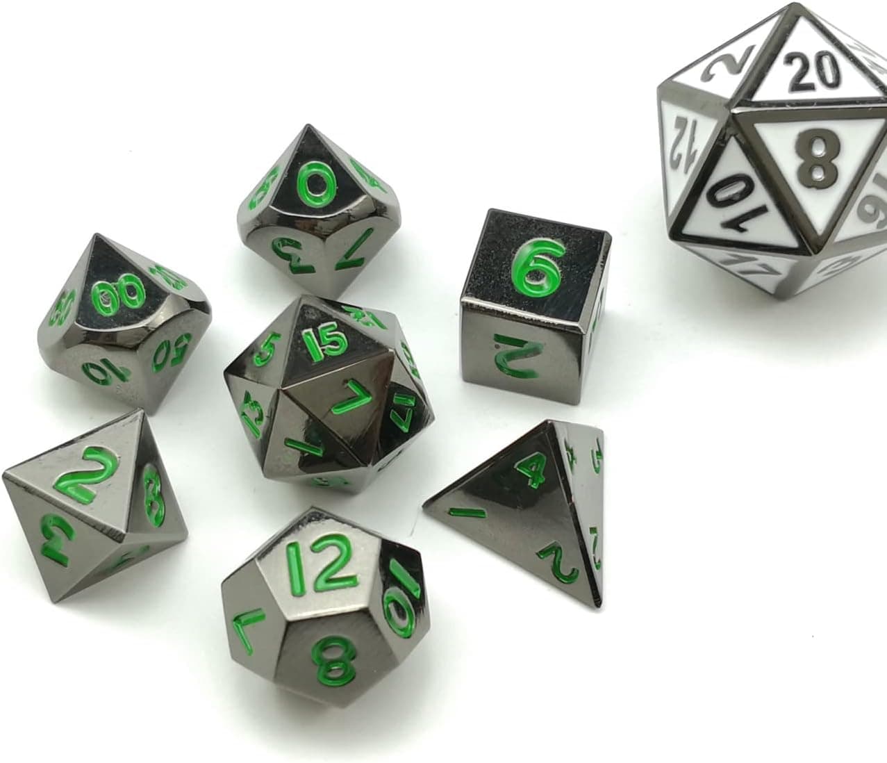 Bescon 10MM Mini Solid Metal Dice Set Glossy Metallic Surface with Green Numbers, Mini Metal Polyhedral D&D RPG Miniature Dice 7-Set