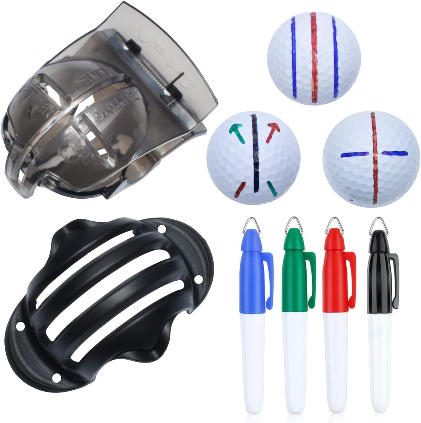 CUALFEC 6 Pack Golf Ball Line Drawing Marker Golf Ball Liner Golf Ball Marking Tool Kit - 2 Golf Ball Marking Stencils and 4 Color Markers