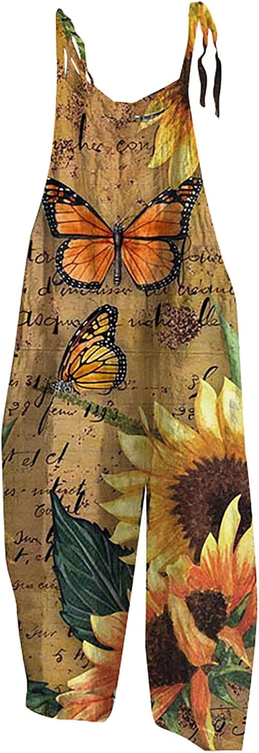 Playsuits and Rompers for Women Summer Floral Butterfly Print Sleeveless Overalls Casual Adjustable Jumpsuit