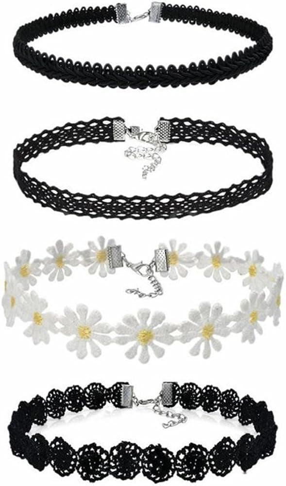TINKSKY 4pcs Collar Chokers Lace Velvet Necklace with Extended Chain for Wedding Dinner Black and White