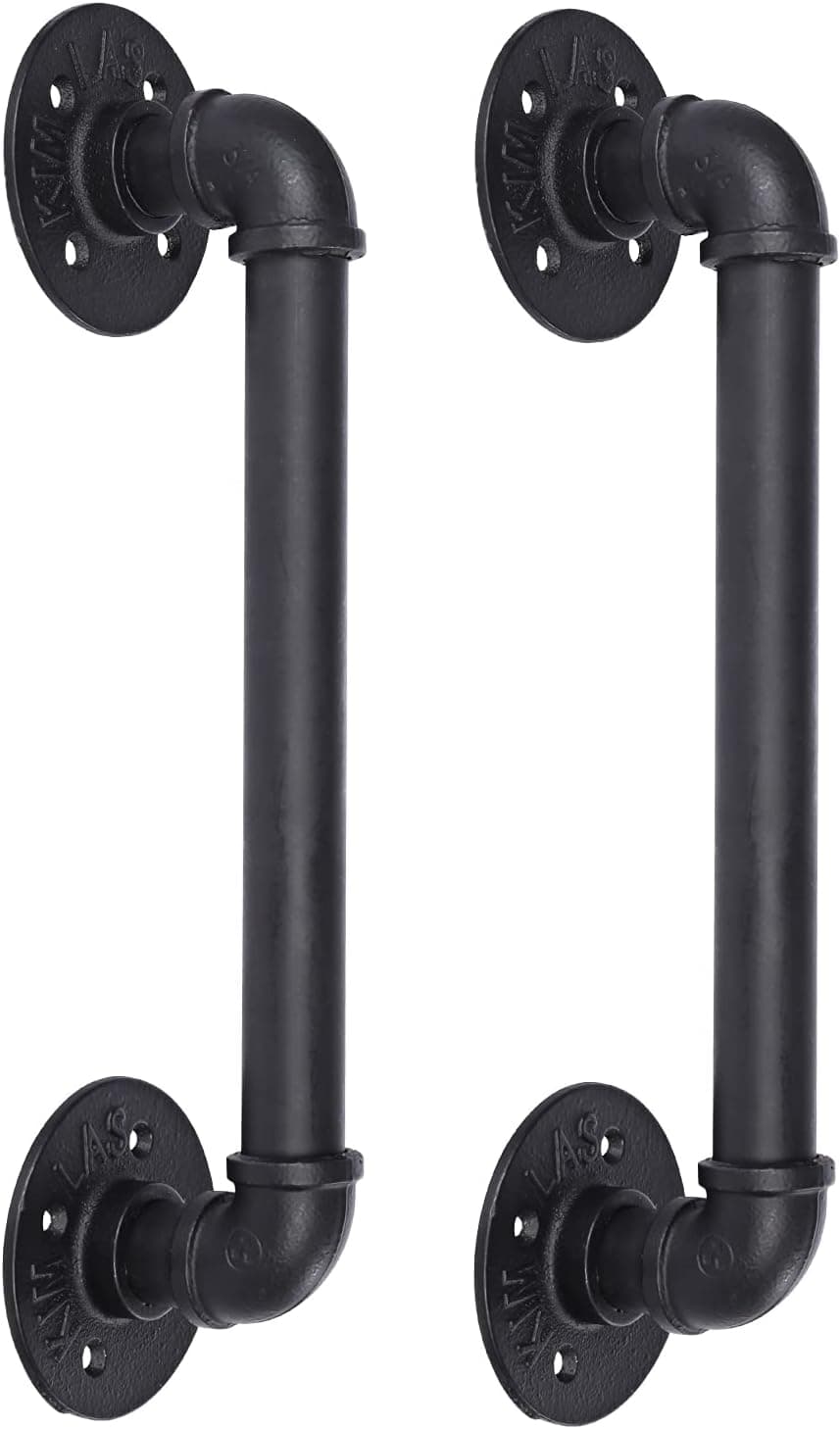 Set of 2 Sliding Barn Door Handle 14 inch, Industrial Pipe Door Pull Handle, Grab Bar, Towel Bar, Antique Rustic Cast Iron Handrail-Matte Black