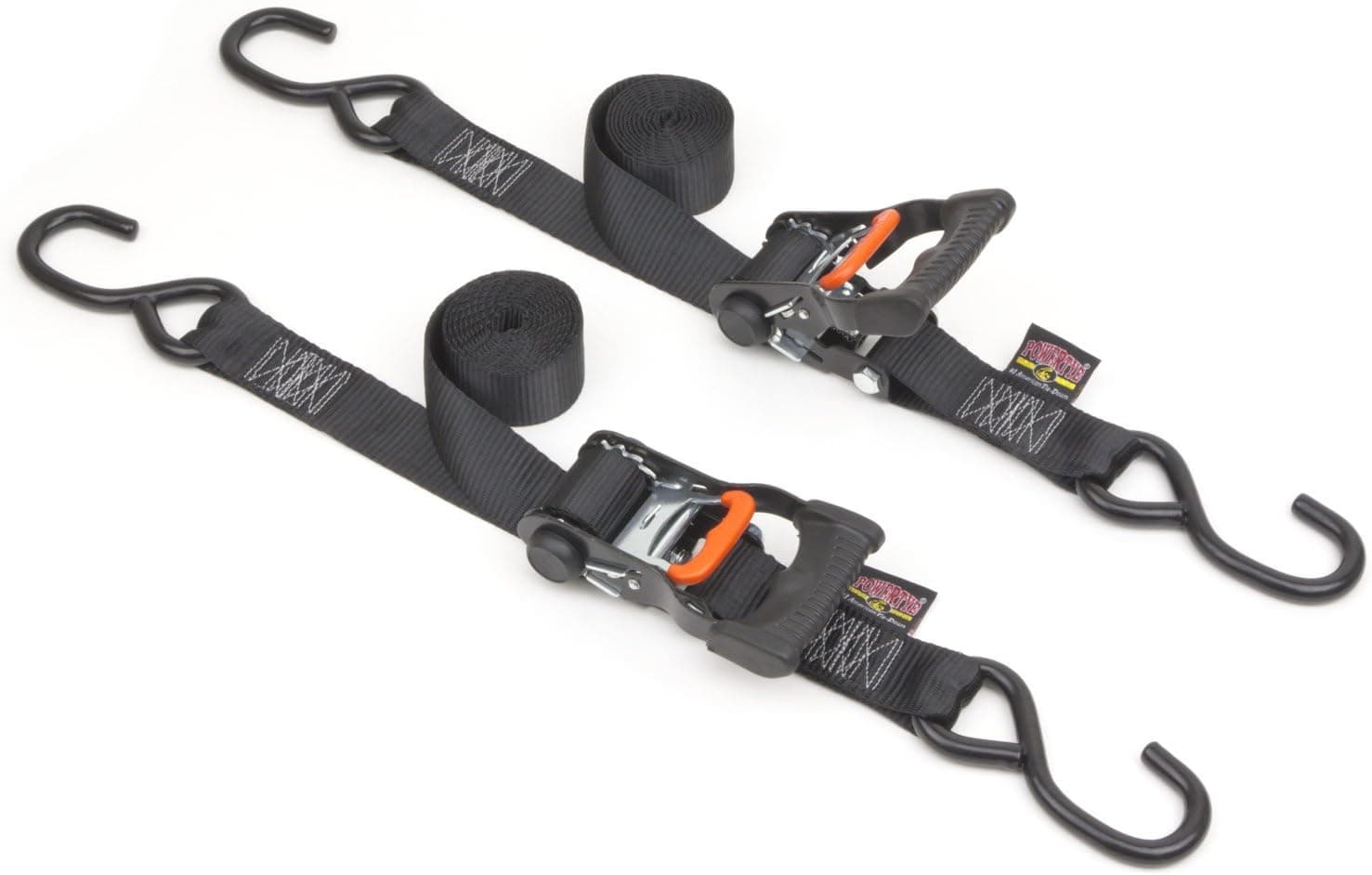 PowerTye 1.5in x 7ft Ergonomic Locking Ratchet Straps with Heavy-Duty S-Hooks - Made in USA - 1,000 lb. Working Load Limit / 3,000 lb. Breaking Strength - Black (Pair)