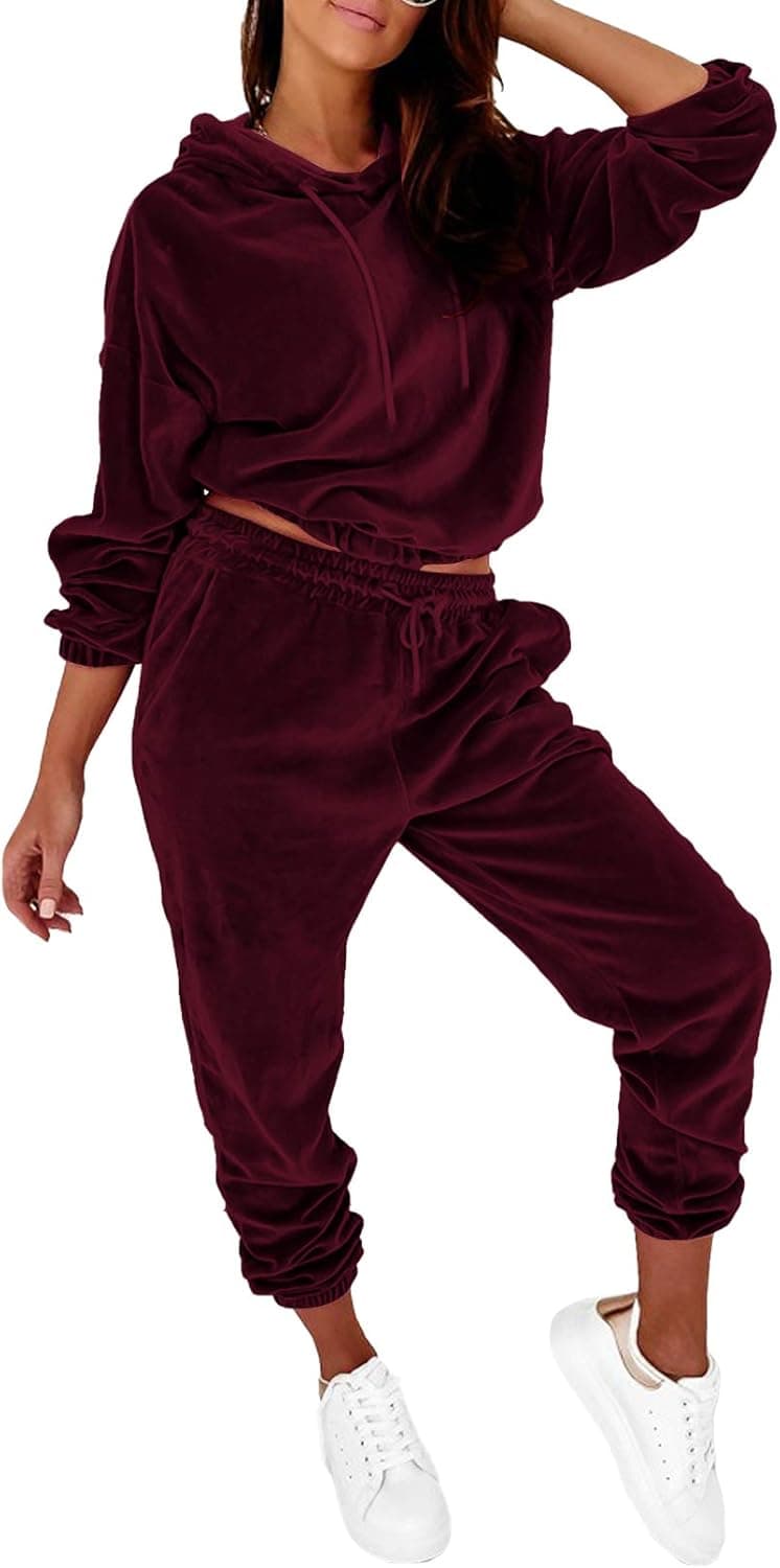Linsery Women Velour Tracksuit Soft Velvet Joggers and Hoodies Set Sweatshirts 2 Piece Athletic Sweatsuit Burgundy 2XL