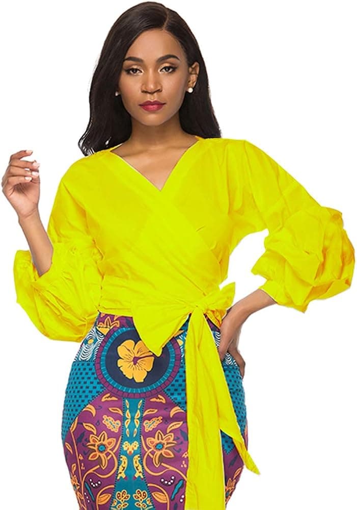 nuoshang Women V Neck 3/4 Puff Sleeve Casual Belt Tie Wrap Top Blouse
