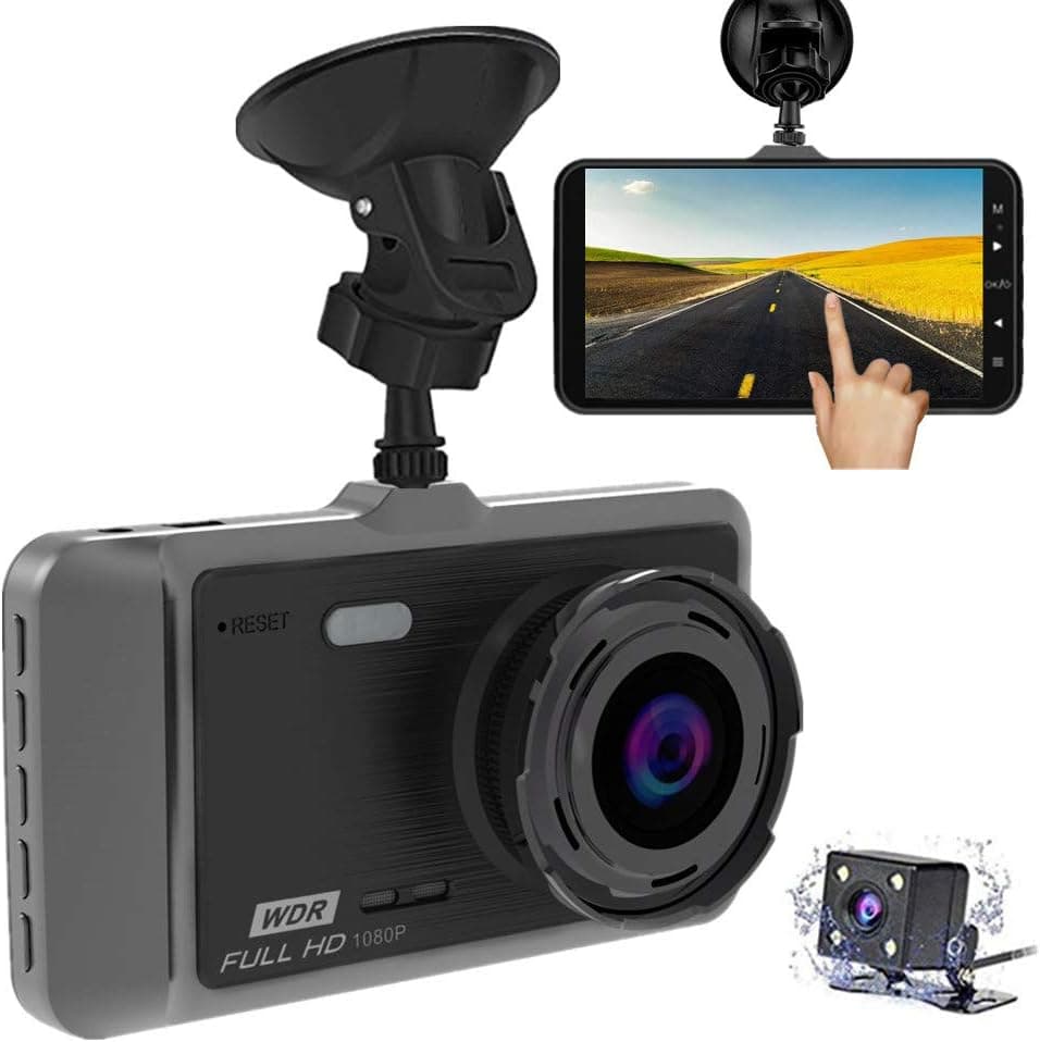 Dash Cam, Full HD Front and Rear Dual Dash Camera with 4" IPS LCD Screen, 170° Wide Angle Lens Dashboard Camera with G-Sensor, Loop Recording, Rear View and Motion Detection (Black)