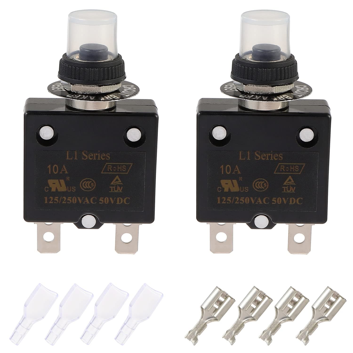EPLZON 10A Manual Reset Push Button Circuit Breaker 125/250V AC 50V DC Thermal Overload Protector with Quick Connect Terminals and Waterproof Button Caps Assortment Kit(Pack of 2 pcs)