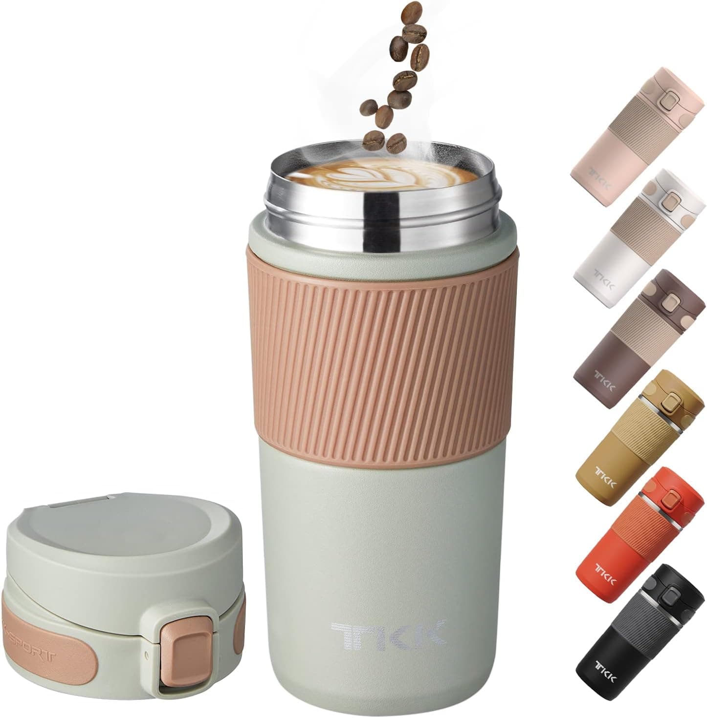 Insulated Coffee Travel Mug Double Wall Leak-Proof Thermos Vacuum Reusable Stainless Steel Tumbler, 15 oz, Light Green