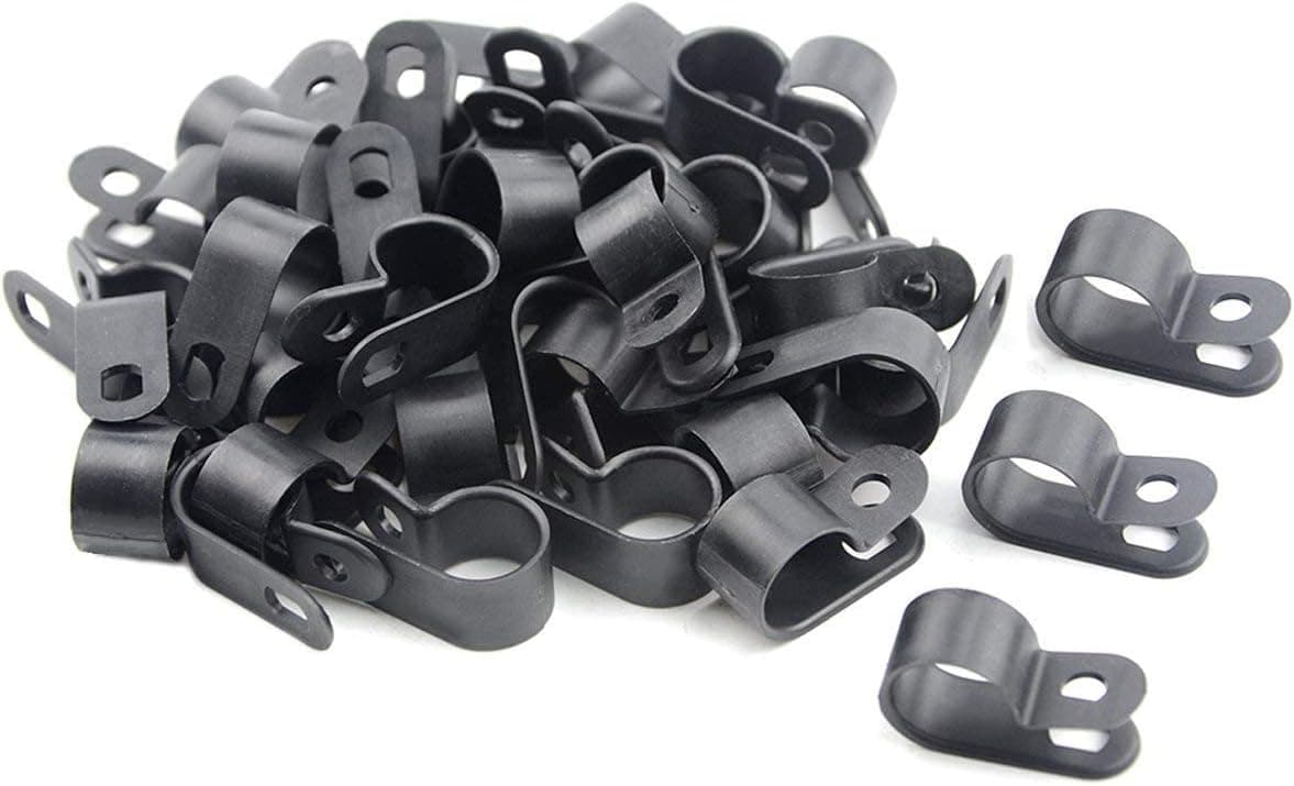 TOVOT 100 PCS 1/2" Nylon Cable Clamp Assortment R-Type Cable Clip Kit Black Plastic Wire Clamps Fasteners for Wire Mounting