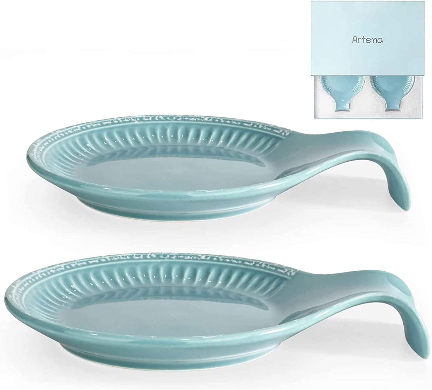 Artena 2pcs Ceramic Spoon Rest for Stove Top, 6.45 inch Large Spoon Holder, Spoon Rest for Kitchen Counter, Turquoise Coffee Spoon Rest, Heat-Resistant Cooking Utensil Rest, Farmhouse Kitchen Decor